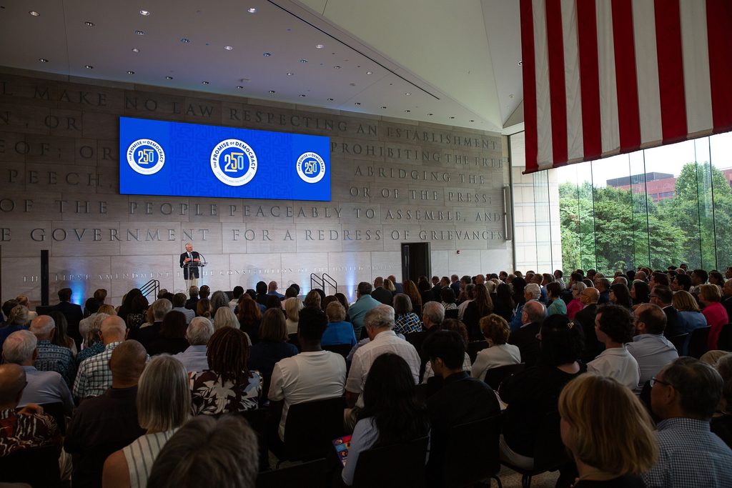 Historian Jon Meacham delivers a keynote in front of hundreds of attendees at the National Constitution Center.