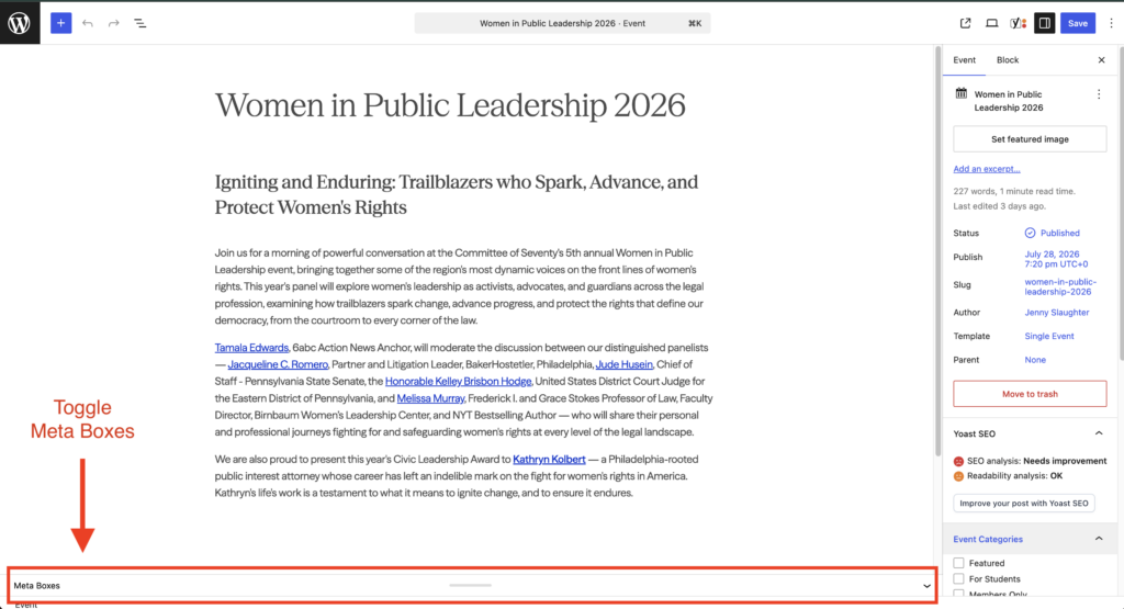 Screenshot of an event being edited in the WordPress editor. The Meta Box at the bottom of the screen is highlighted with a red square. A red arrow points to it, with the label, "Toggle Meta Boxes"