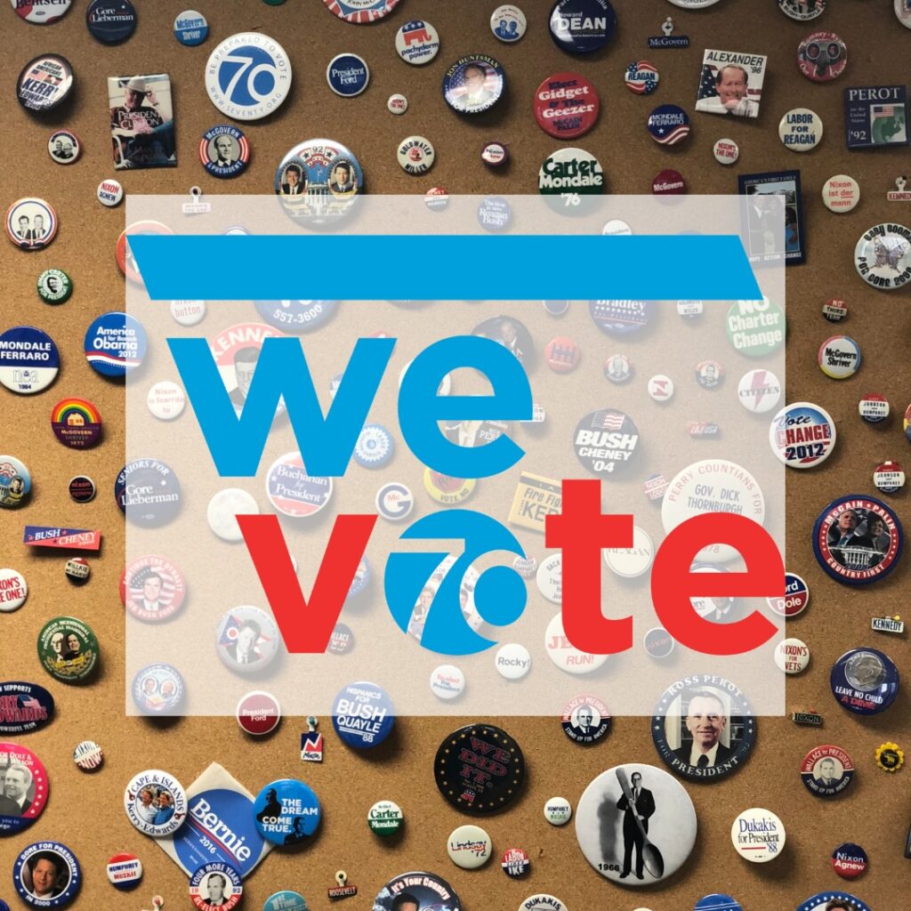WeVote logo in front of many campaign buttons pinned to a bulletin board
